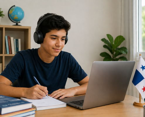 Estudiante de secundaria en Panamá estudiando en una escuela virtual desde casa