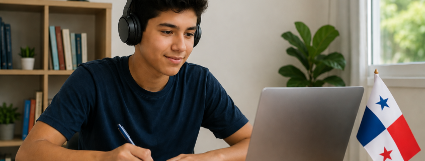 Estudiante de secundaria en Panamá estudiando en una escuela virtual desde casa
